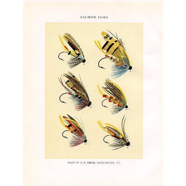 Original mid-century color lithograph print of Salmon fishing flies. Based on the designs of the American sportsman...