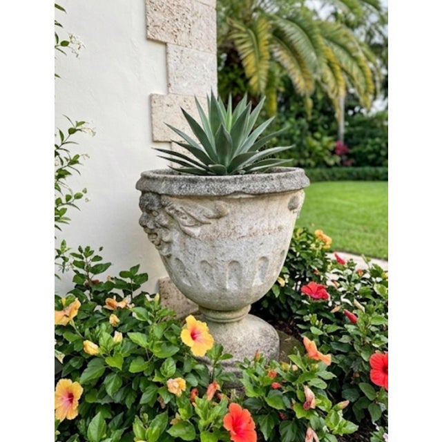 Vintage Neoclassical Cast Stone Garden Urn Planter With Lion Mascarons For Sale - Image 9 of 12