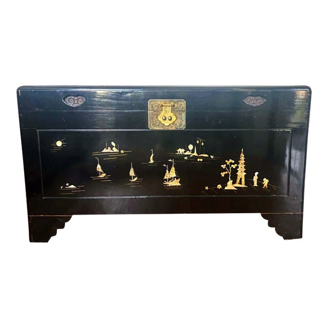 Vintage Black Lacquer Chinoiserie Wedding Chest With Mother of Pearl Inlay Sailboats and Island Scenes For Sale