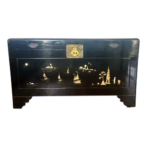 Vintage Black Lacquer Chinoiserie Wedding Chest With Mother of Pearl Inlay Sailboats and Island Scenes