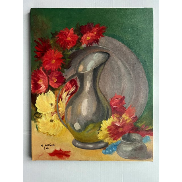 Green 1970s' Vintage Still Life Painting of a Pitcher and Colorful Flowers For Sale - Image 8 of 10