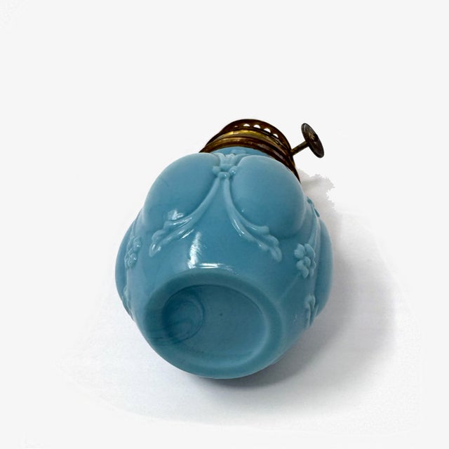 Antique Eapg Light Blue Milk Glass Miniature Oil Lamp Brass Burner For Sale In Houston - Image 6 of 7