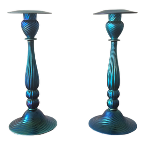 Early 1900s Carder Steuben Blue Aurene Candlesticks - A Pair