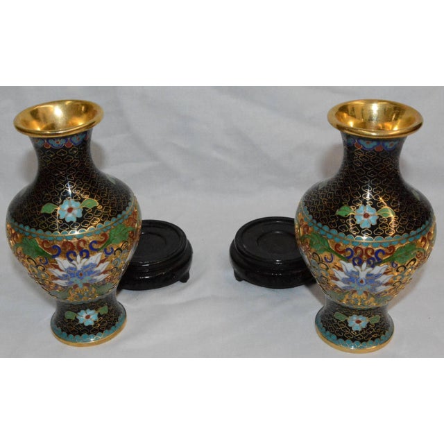 Chinese Pair of Chinese Cloisonne Vases on Lacquered Wooden Stands For Sale - Image 3 of 9