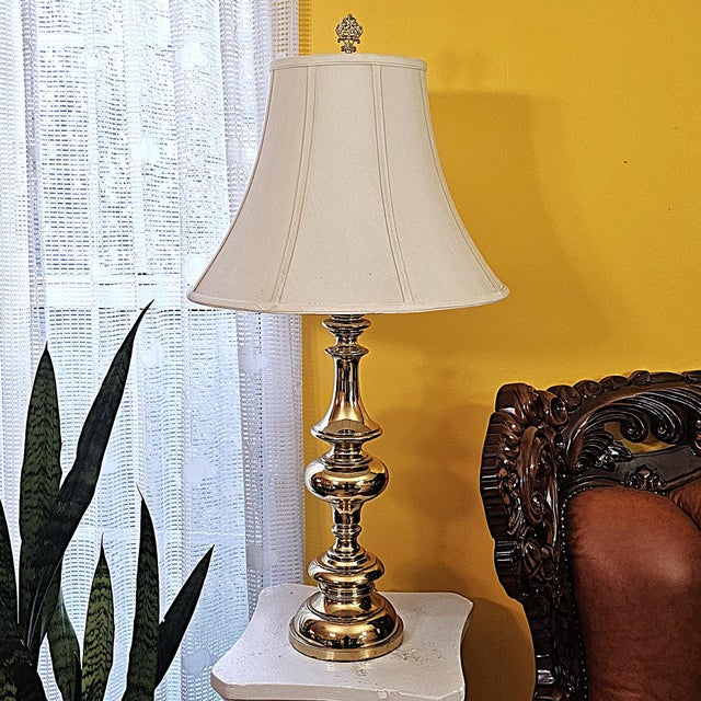 Pair of Tall Brass Table Lamps With Ivory Bell Shades – Hollywood Regency Style For Sale - Image 14 of 18