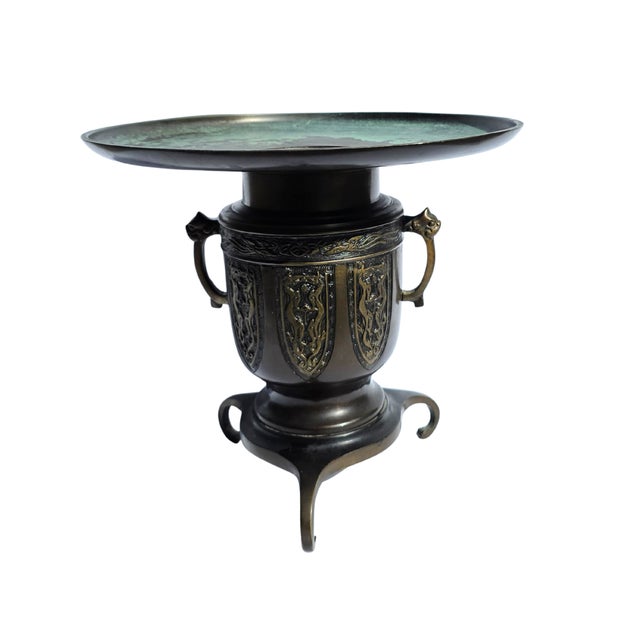 Japanese Antique Japanese Patinated Bronze Usubata Vase With Lion Handles & Verdigris Top – 2-Piece Ikebana Form For Sale - Image 3 of 16