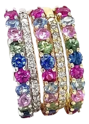 3.48 Carat Multicolor Sapphire Diamond Gold Stackable Bands, Size 7