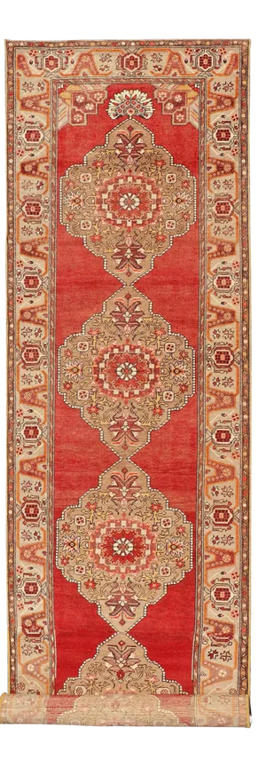 Vintage Turkish Oushak Runner Featuring Red Field and Bold Medallions With Tan