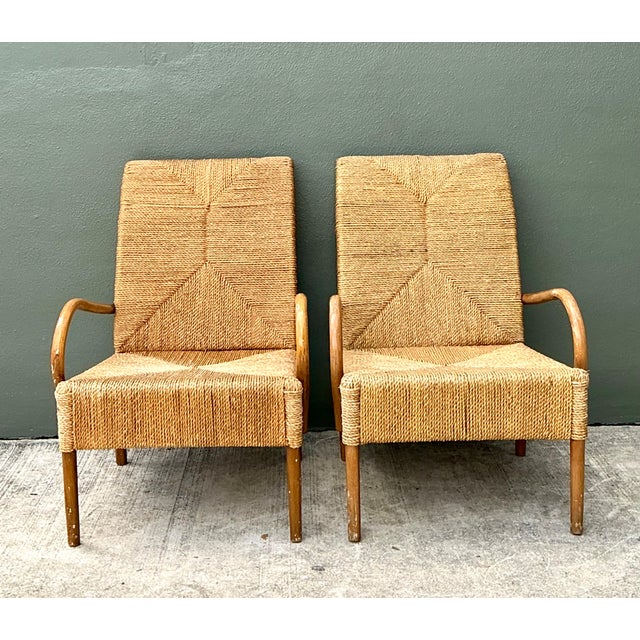 Camel Vintage Japanese Wood and Twisted Jute Lounge Chairs - Pair For Sale - Image 8 of 12