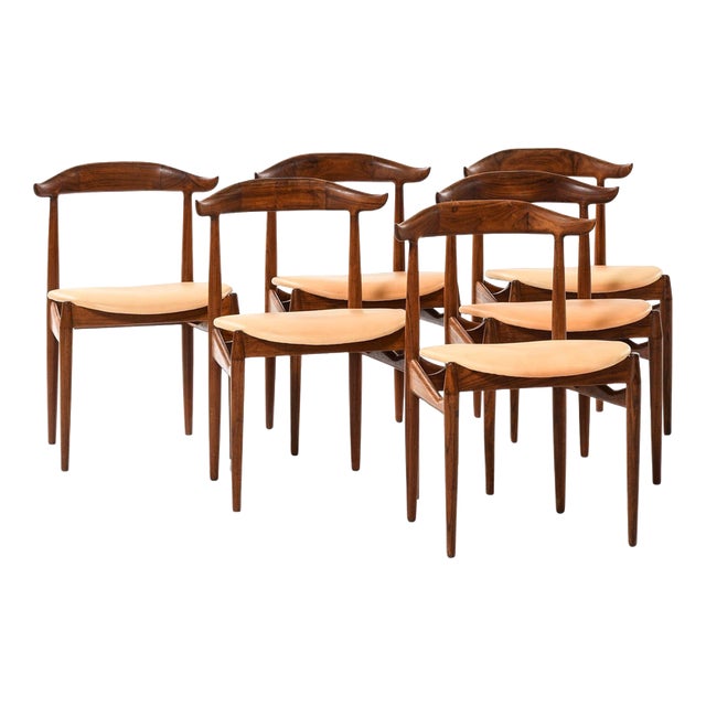 Dining Chairs in Leather and Rosewood attributed to Knud Færch, 1950s, Set of 6 For Sale