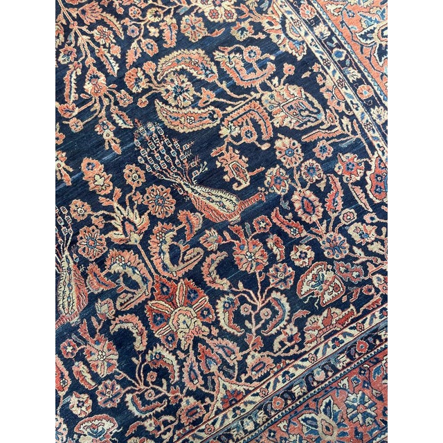 Textile 1920s ROYAL MOHAJERAN SAROUK with Peacocks, Butterflies, Cacoons, & Zoroastrian Flames Rug 9 x 15.1 For Sale - Image 7 of 15