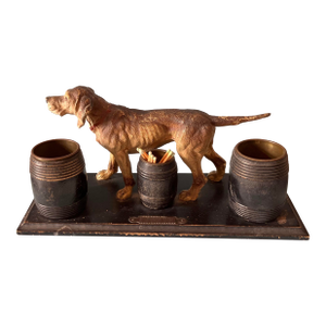 Vintage English Desk Top Matchstick Holder Tray With Bloodhound Dog Figurine.