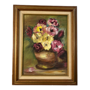 Vintage Floral Still Life Painting by M. DeHart – Mid-Century Oil on Canvas