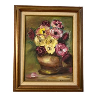 Vintage Pink and Yellow Floral Still Life Painting by M. DeHart – Mid-Century Oil on Canvas For Sale