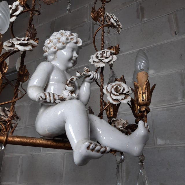 Gold Antique Chandelier in Ceramic and Iron, 1950s For Sale - Image 8 of 18