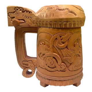 Large Vintage Norwegian Hand-Carved Wooden Viking Dragon Tankard With Lid For Sale