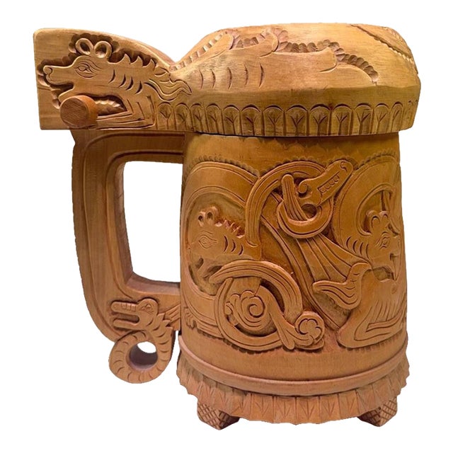 Large Vintage Norwegian Hand-Carved Wooden Viking Dragon Tankard With Lid For Sale