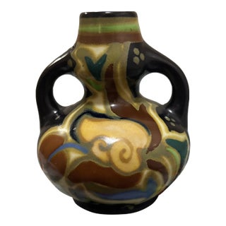 Vintage Gouda Art Deco Hand-Painted Double-Handled Small Vase For Sale