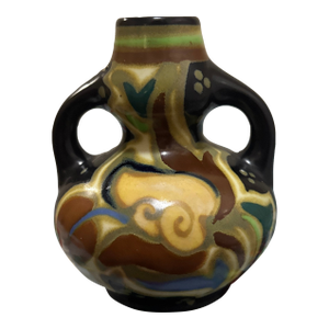 Vintage Gouda Art Deco Hand-Painted Double-Handled Small Vase