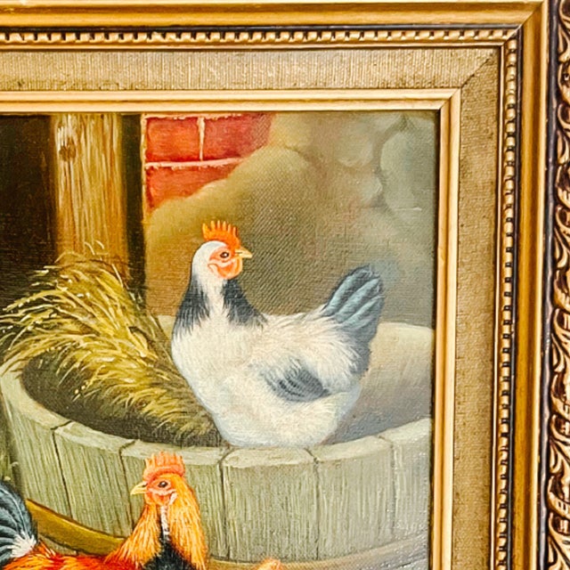 Late 20th Century Framed Rustic Chickens & Rooster Trio in Barnyard Oil Painting For Sale In San Diego - Image 6 of 8