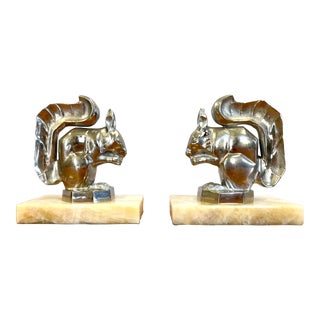 Vintage Pair of Polished Alloy Squirrel Bookends on Marble Bases For Sale