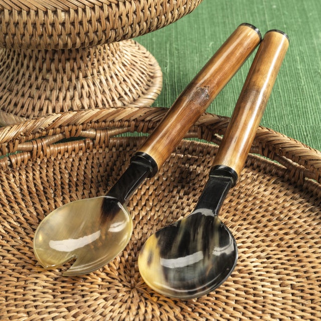 Traditional Selvo Bamboo and Horn Server Set, 12" x 3" For Sale - Image 3 of 5