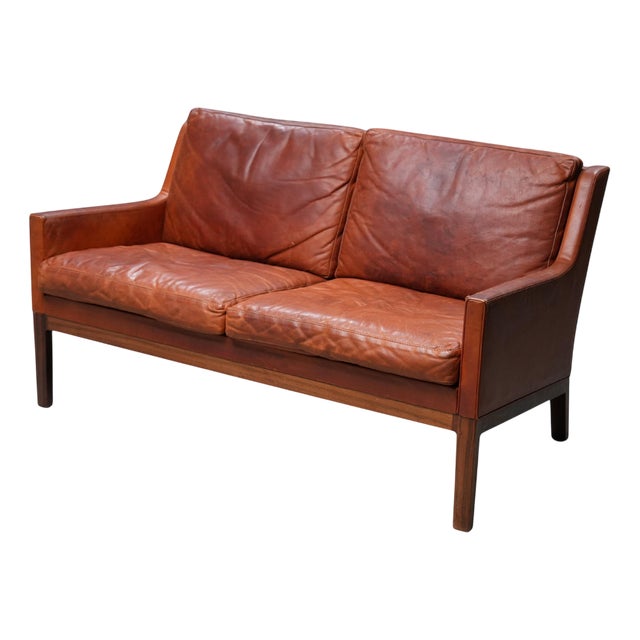 2 Seat Sofa in Cognac Patinated Leather from Kai Lyngfeldt Larsen, Denmark, 1960s For Sale