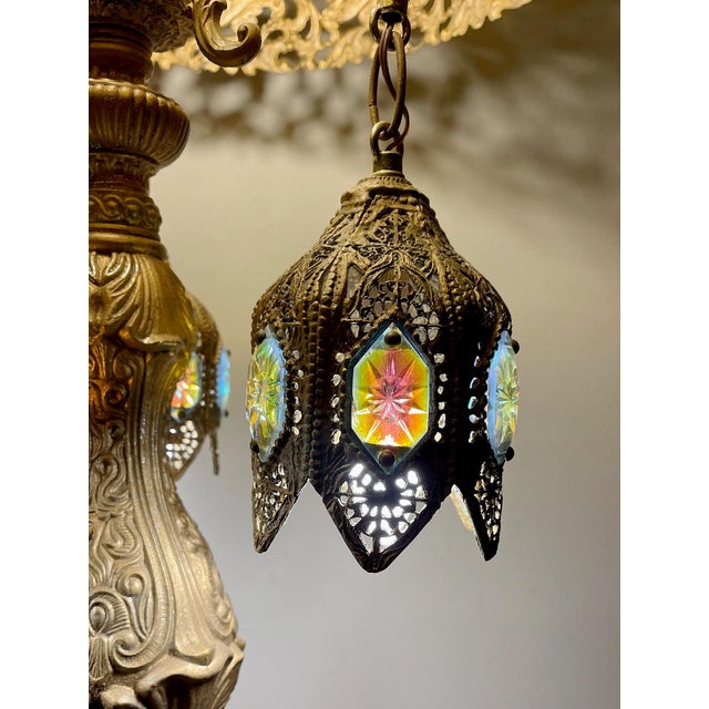 Monumental Vintage Jeweled Slag Glass & Filigree Table Lamp With Three Hanging Lanterns, 44" For Sale - Image 4 of 7