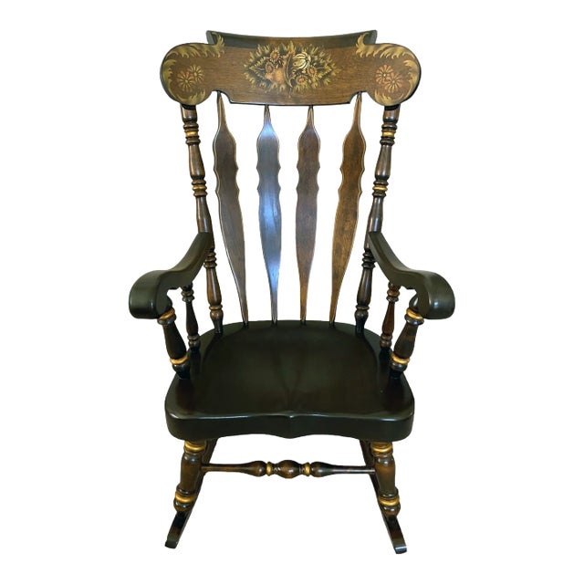 1960s Hand Made Nichols and Stone Solid Maple, Rocking Chair. High Back Floral Motif, Accented Throughout With Gold Tone Rings. For Sale