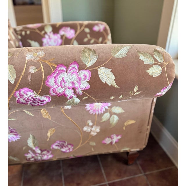 Brown Vintage Custom Traditional English Cottage French Floral Velvet Armchair + Ottoman For Sale - Image 8 of 12