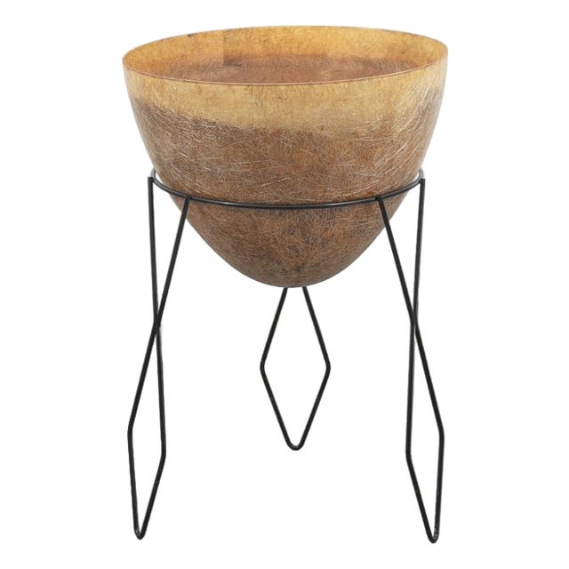 Mid Century Modern Planter Kimball Bullet Round Atomic Plant Stand Tan Fiberglass For Sale