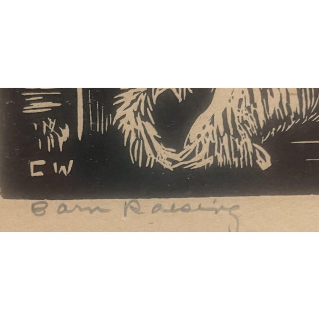 Artist: Cora M. Willett (American, 1908–1992) Title: Barn Raising Medium: Original Relief Print (Woodcut / Linocut) on...