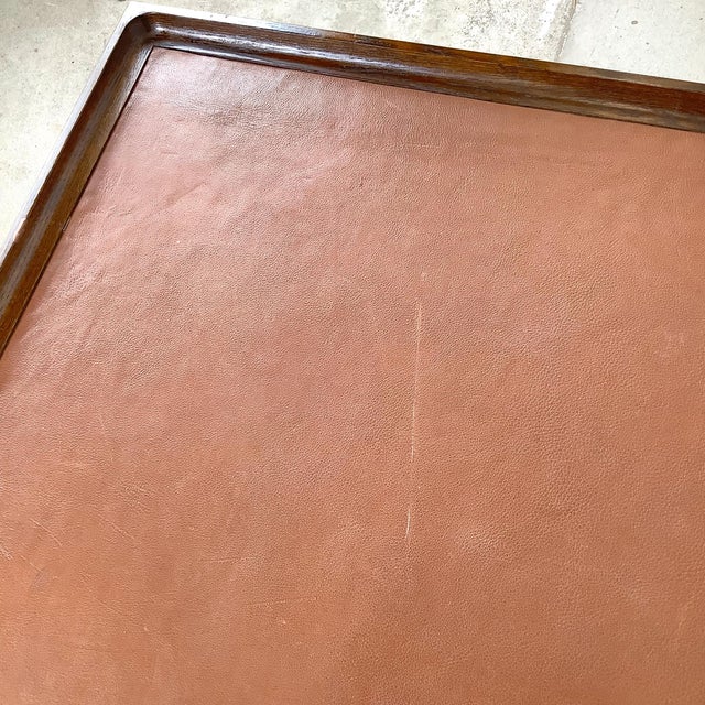 Vintage Studio-Made Square End Table With Cognac Leather Inset Top & Architectural Trestle Base, Mid-Century For Sale - Image 12 of 18