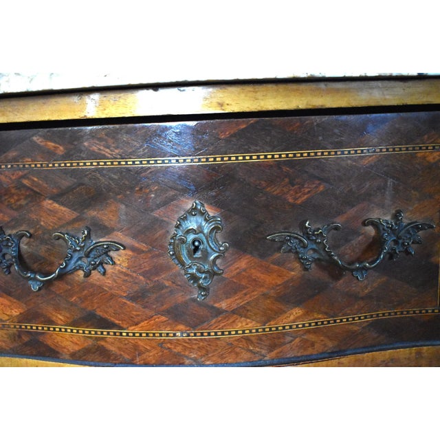 Wood Antique Louis XV-Style Bombe Marquetry, Ormolu, & Marble Top Bombe Chest of Drawers For Sale - Image 7 of 11