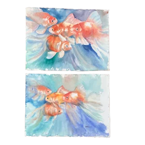 1980’s 2 Original Koi Fish Watercolor Paintings Signed-A Pair