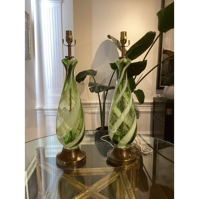 Murano Vintage Italian Murano Green & White Spiral Art Glass Table Lamps – Restored & Rewired - Pair For Sale - Image 4 of 8