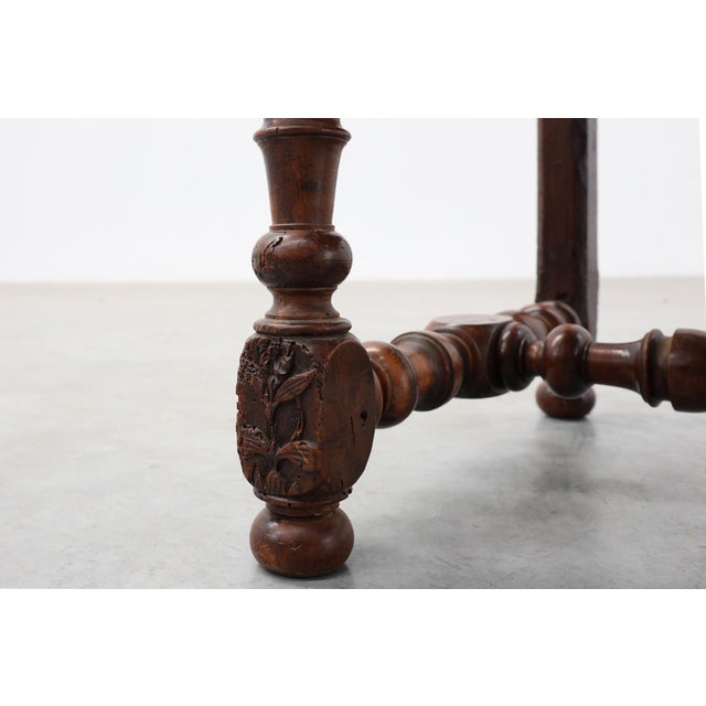 Louis XIII Walnut Stool with Carved Turned Stretchers and Upholstered Seat, France, 1600s For Sale - Image 6 of 12