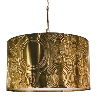 Currey & Co. Modern Embossed Geometric Brass Finished Drum Pendant Prototype For Sale