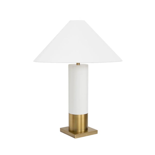Brushed Brass base table lamp with white linen coolie shade in glossy white lacquer. A wonderful modern, coastal and...