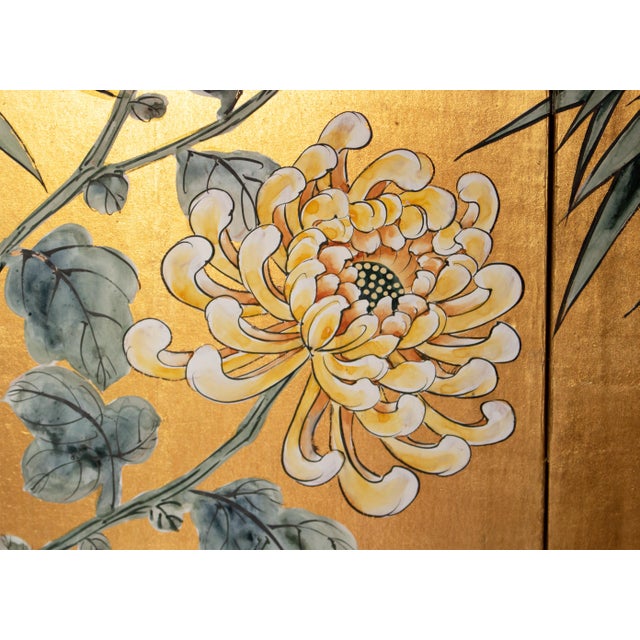 1970s "Chrysanthemums and Sparrows", Antique Style Chinoiserie Painted Screen For Sale - Image 12 of 18