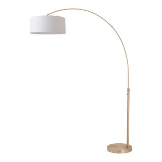 1960s Nova of California Float Brass Floor Lamp - 92" Modern Arc Lamp, Fabric Drum Shade, Dimmable For Sale