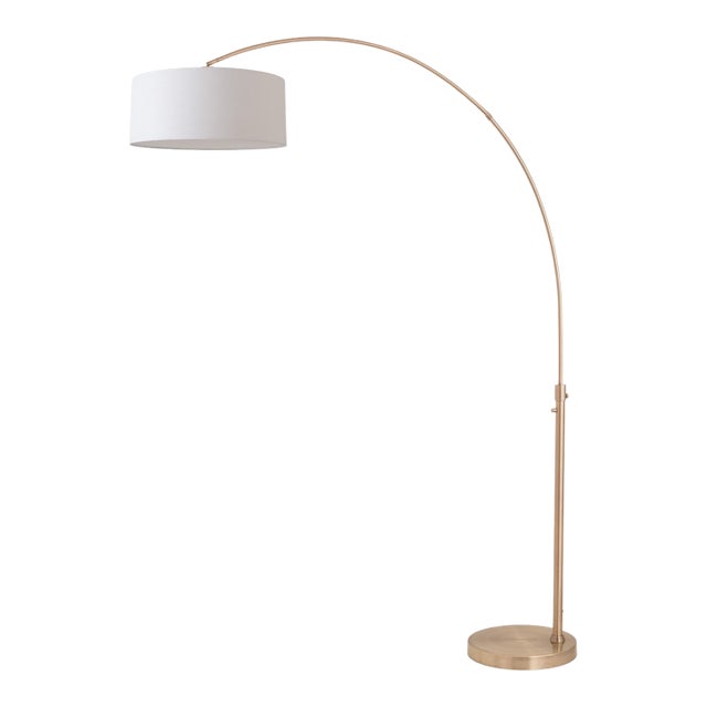 1960s Nova of California Float Brass Floor Lamp - 92" Modern Arc Lamp, Fabric Drum Shade, Dimmable For Sale