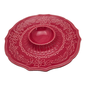 1990s Bordallo Pinheiro Red Poinsettia Chip and Dip Platter