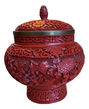 Vintage 7.25" Chinese Cinnabar Lacquer Enamel and Brass Ginger Jar