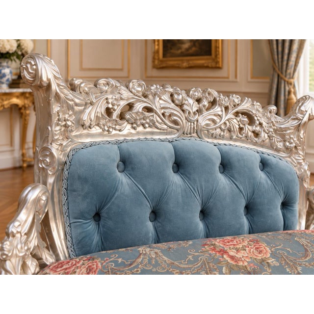 1970s French Artisan Louis XVI Silver Blue Settee For Sale - Image 13 of 18
