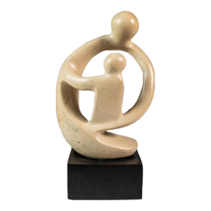Mid-Century Abstract Modern "Parent & Child" Marble Stone Sculpture W/ Wooden Base, Kenya, C. 1980's