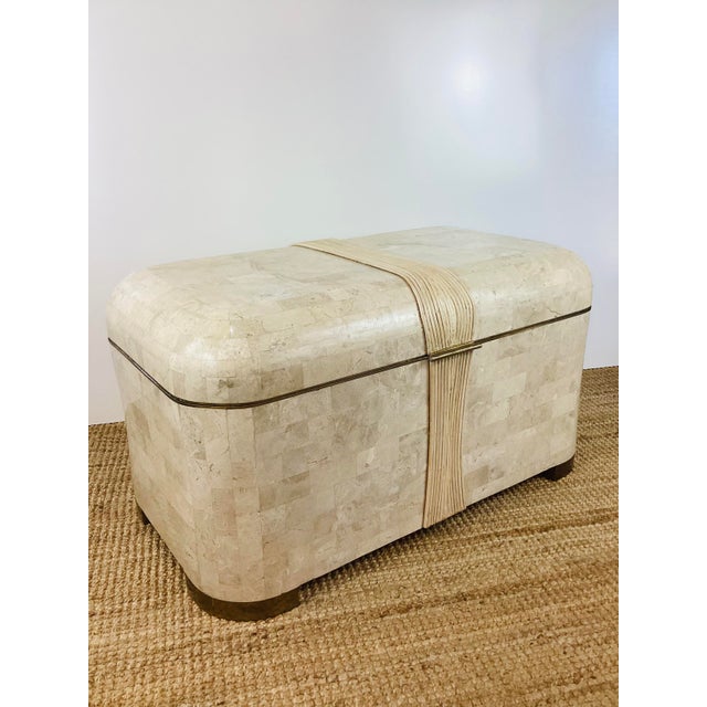 Stone Vintage 1980s Cream Tessellated Stone & Rattan Reed and Brass Lidded Trunk Chest Table by Maitland Smith For Sale - Image 7 of 12