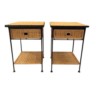 Vintage Coastal Iron and Wicker Sidetables - a Pair For Sale