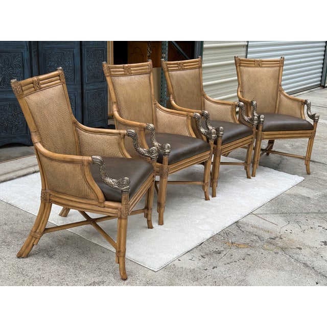 1980s Set of 4 Asian Chinoiserie Faux Bamboo Armchairs With Sculptural Metal Fish Motifs For Sale - Image 5 of 17