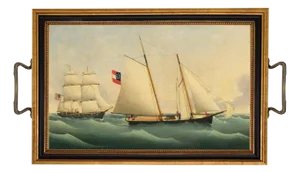 Folk Art Sailing Ship Decorative Tray With Brass Handles